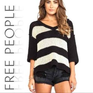 Free People Park Slope Black/Tan V-Neck Sweater Sz M